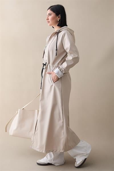 Çakımlı Çizgili Desen Uzun Taş Trençkot