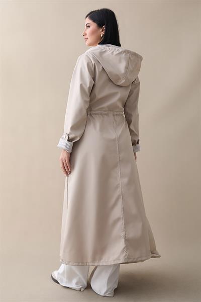 Çakımlı Çizgili Desen Uzun Taş Trençkot