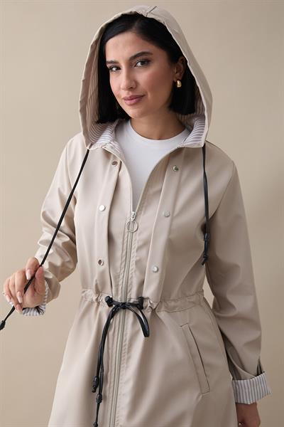 Çakımlı Çizgili Desen Uzun Taş Trençkot