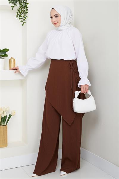 Çapraz Bağlama Detaylı Acı Kahve Krep Pantolon