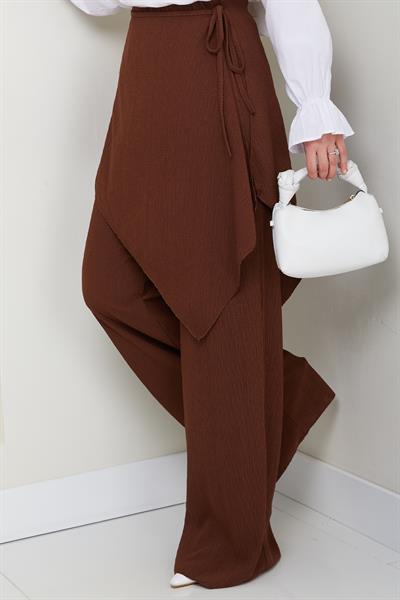 Çapraz Bağlama Detaylı Acı Kahve Krep Pantolon
