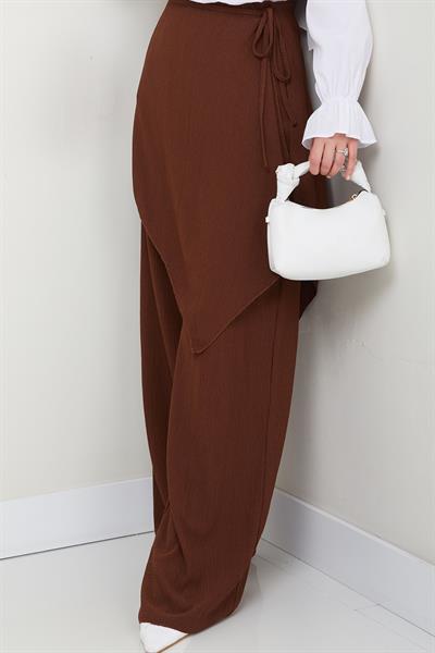 Çapraz Bağlama Detaylı Acı Kahve Krep Pantolon