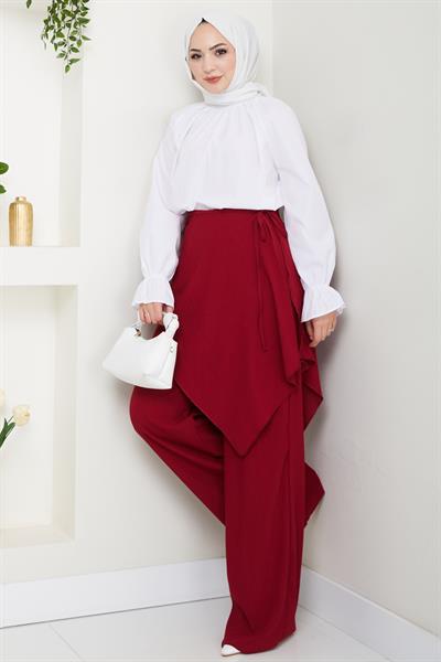 Çapraz Bağlama Detaylı Bordo Krep Pantolon