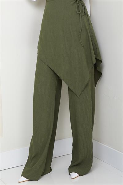 Çapraz Bağlama Detaylı Haki Krep Pantolon