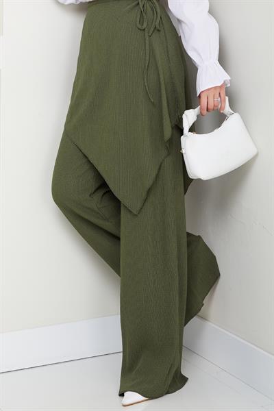 Çapraz Bağlama Detaylı Haki Krep Pantolon