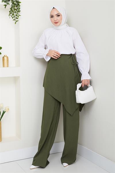 Çapraz Bağlama Detaylı Haki Krep Pantolon