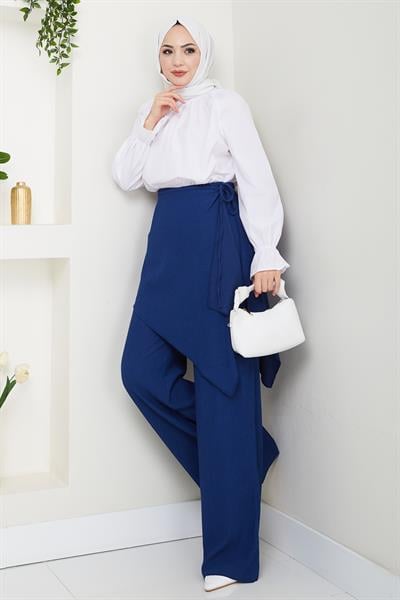 Çapraz Bağlama Detaylı Lacivert Krep Pantolon