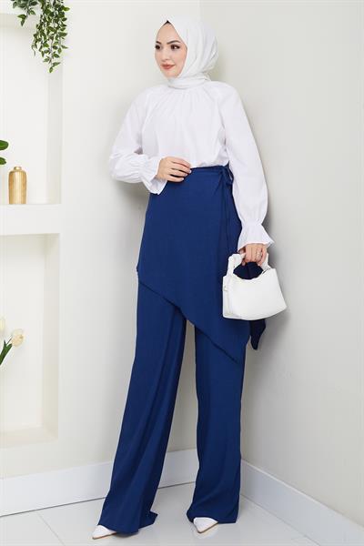Çapraz Bağlama Detaylı Lacivert Krep Pantolon