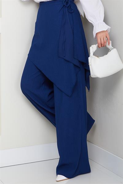 Çapraz Bağlama Detaylı Lacivert Krep Pantolon