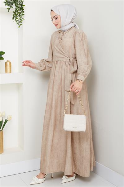 Çapraz Bağlamalı Bej Elbise