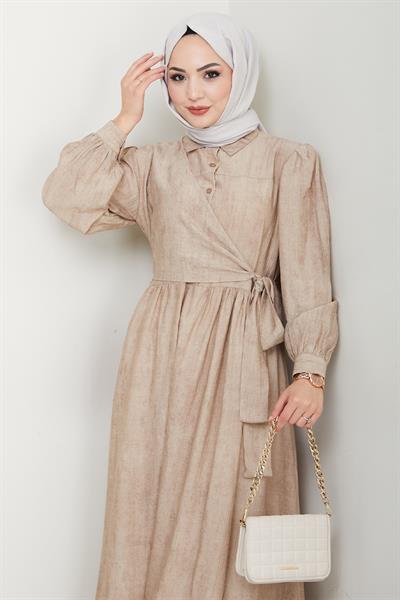 Çapraz Bağlamalı Bej Elbise