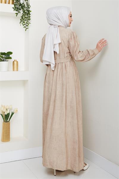 Çapraz Bağlamalı Bej Elbise