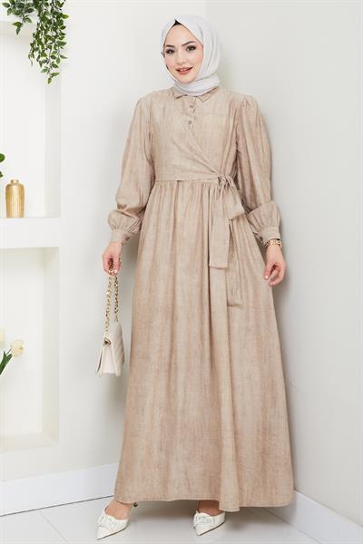 Çapraz Bağlamalı Bej Elbise