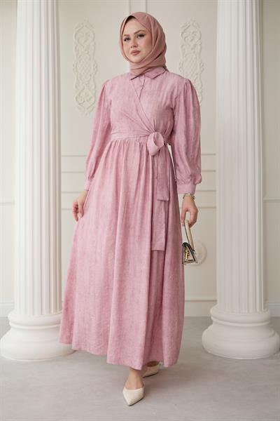 Çapraz Bağlamalı Pudra Elbise