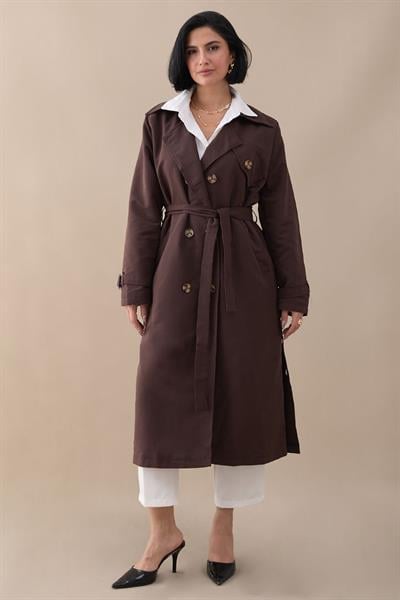 Çapraz Cep Detaylı Acı Kahve Trençkot