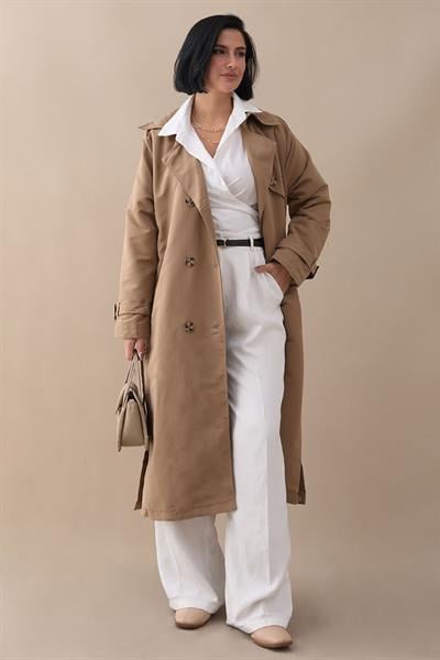 Çapraz Cep Detaylı Bej Trençkot