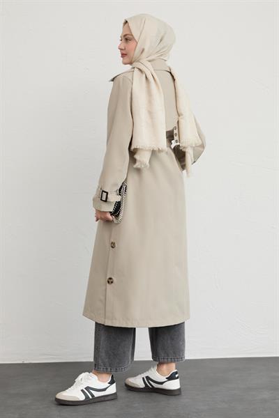 Çapraz Cep Detaylı Krem Trençkot