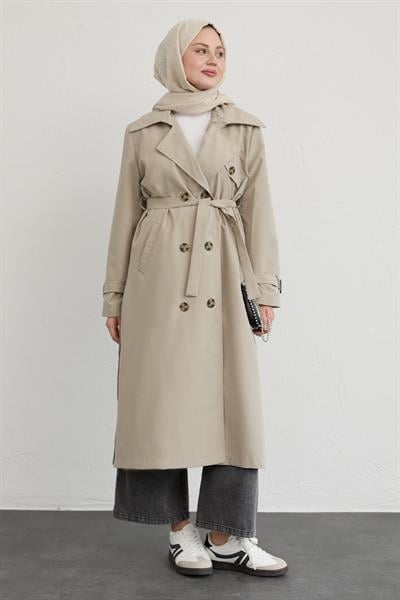 Çapraz Cep Detaylı Krem Trençkot