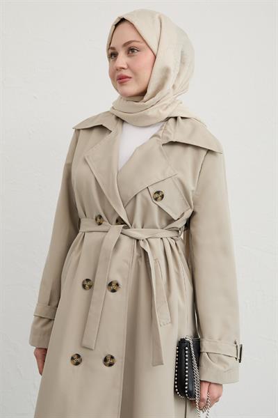 Çapraz Cep Detaylı Krem Trençkot