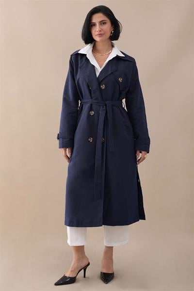Çapraz Cep Detaylı Lacivert Trençkot