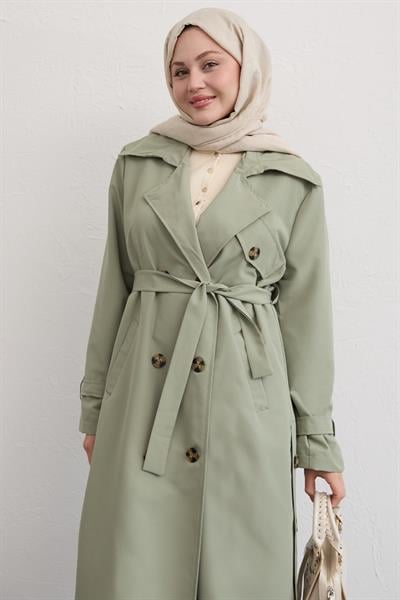 Çapraz Cep Detaylı Mint Yeşili Trençkot