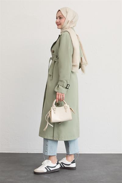 Çapraz Cep Detaylı Mint Yeşili Trençkot