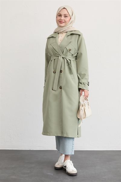 Çapraz Cep Detaylı Mint Yeşili Trençkot