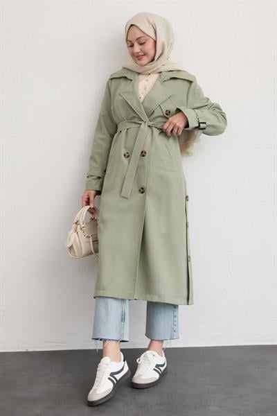 Çapraz Cep Detaylı Mint Yeşili Trençkot