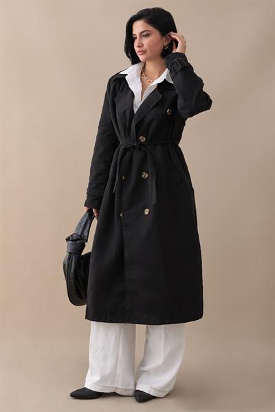 Çapraz Cep Detaylı Siyah Trençkot
