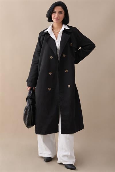 Çapraz Cep Detaylı Siyah Trençkot