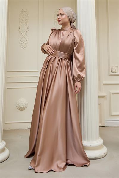 Çapraz Desenli Piliseli Camel Saten Elbise