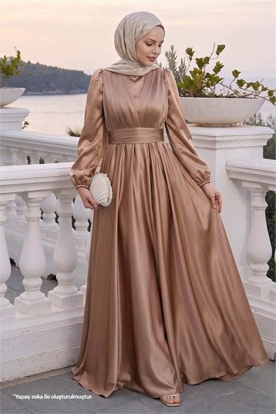 Çapraz Desenli Piliseli Camel Saten Elbise