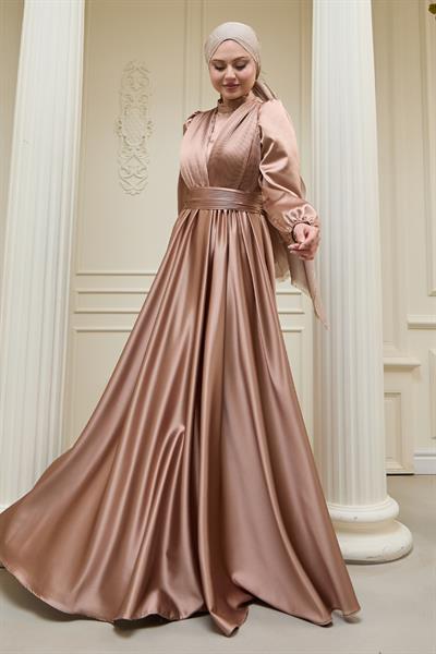 Çapraz Desenli Piliseli Camel Saten Elbise