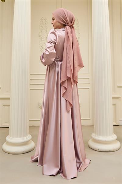 Çapraz Desenli Piliseli Pudra Saten Elbise