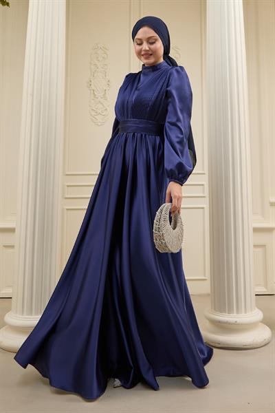 Çapraz Desenli Piliseli Saks Mavisi Saten Elbise