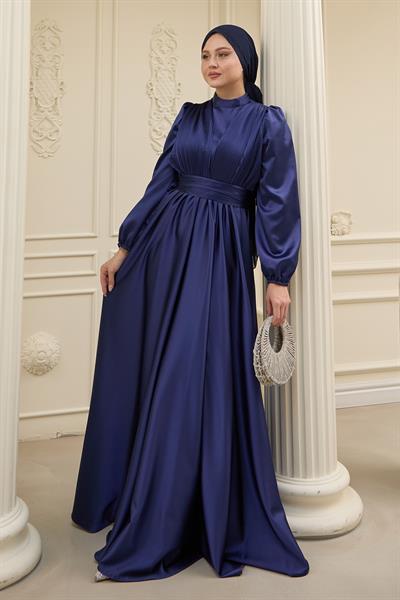 Çapraz Desenli Piliseli Saks Mavisi Saten Elbise