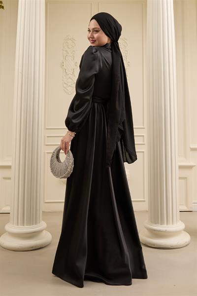 Çapraz Desenli Piliseli Siyah Saten Elbise