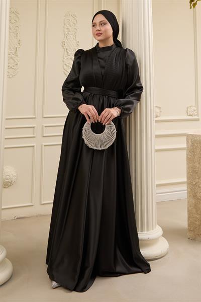 Çapraz Desenli Piliseli Siyah Saten Elbise