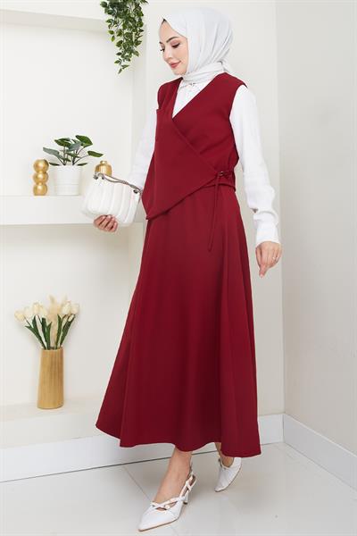 Çapraz Tek Cepli Bordo Yelekli Takım