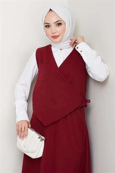 Çapraz Tek Cepli Bordo Yelekli Takım