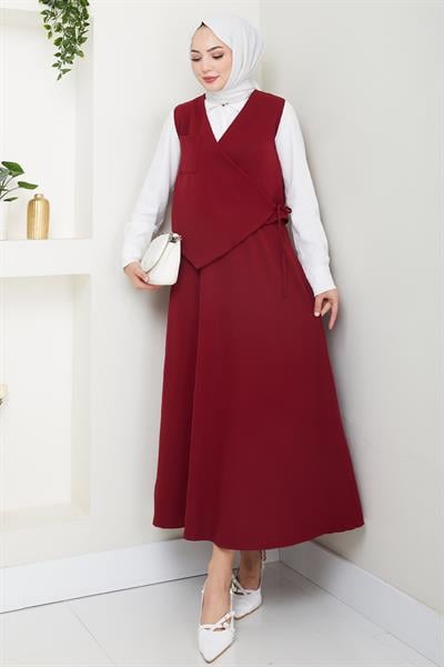 Çapraz Tek Cepli Bordo Yelekli Takım