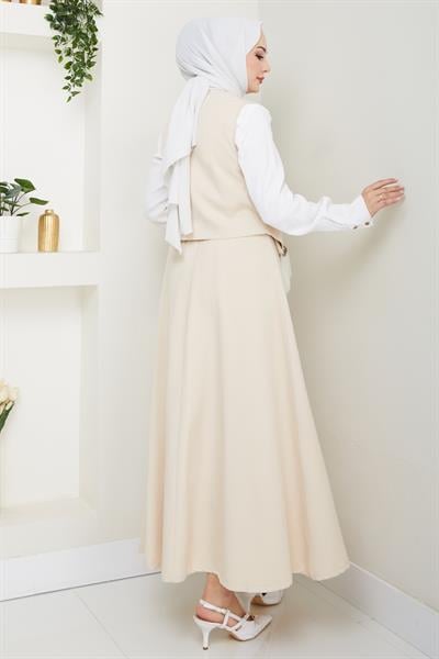 Çapraz Tek Cepli Ekru Yelekli Takım