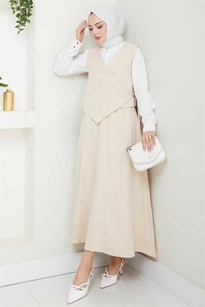 Çapraz Tek Cepli Ekru Yelekli Takım