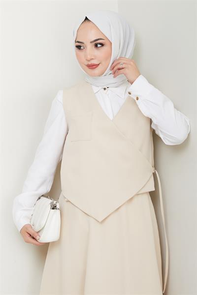 Çapraz Tek Cepli Ekru Yelekli Takım