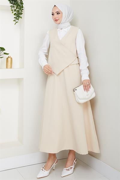 Çapraz Tek Cepli Ekru Yelekli Takım