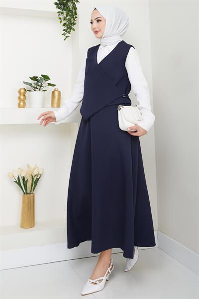 Çapraz Tek Cepli Lacivert Yelekli Takım