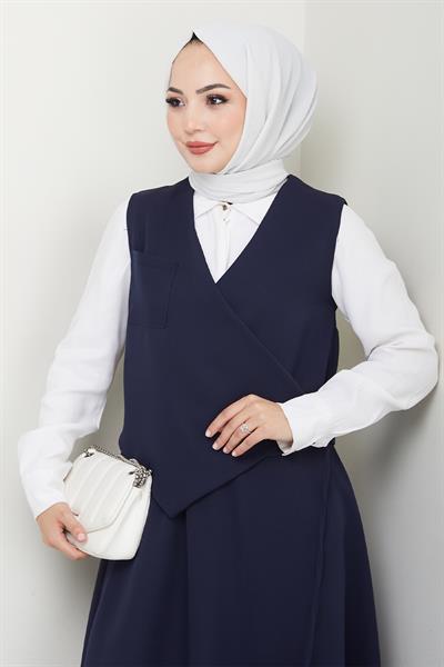 Çapraz Tek Cepli Lacivert Yelekli Takım
