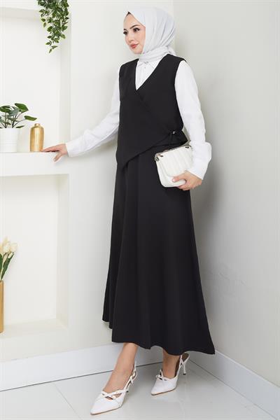 Çapraz Tek Cepli Siyah Yelekli Takım