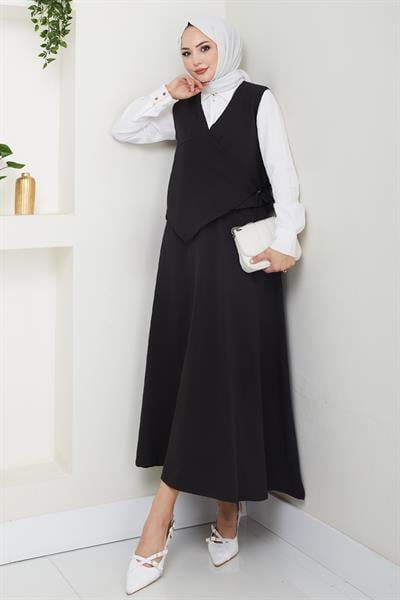 Çapraz Tek Cepli Siyah Yelekli Takım