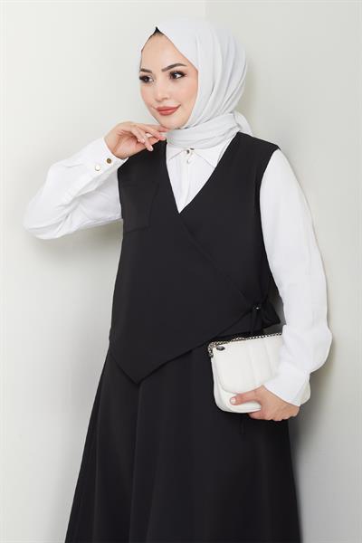 Çapraz Tek Cepli Siyah Yelekli Takım